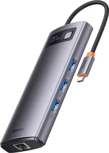 Kasë Baseus Metal Gleam Series 7-in-1, USB-C në 3x USB 3.0, 2x HDMI, USB-C PD, Ethernet RJ45, Gri