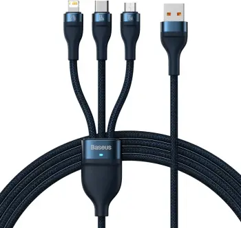 Kabllo 3-në-1 Baseus Flash Series, USB-C + Micro USB + Lightning, 66W, 1.2m, Blu