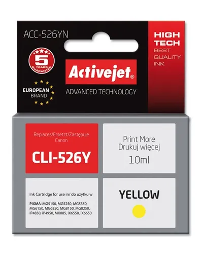 Ngjyrë për printer Activejet ACC-526YN (zëvendësim për Canon CLI-526Y), 10 ml, e verdhë - 1