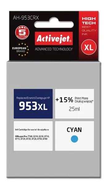 Ngjyrë për printer Activejet AH-953CRX (zëvendësim për HP 953XL F6U16AE), 25 ml, e kaltër