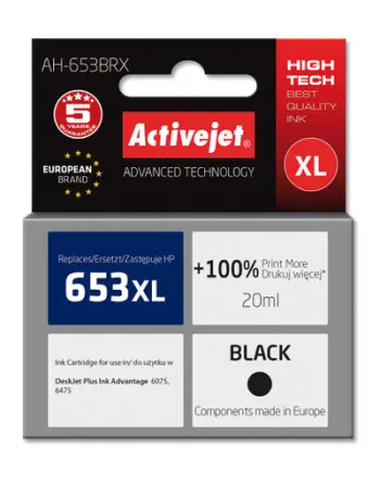 Ngjyrë për printer Activejet AH-653BRX (zëvendësim për HP 653XL 3YM75AE), 20 ml, e zezë