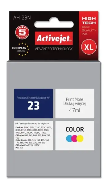 Ngjyrë për printer Activejet AH-23N (zëvendësim për HP 23 C1823D), 47 ml, e kaltër / vjollcë / e verdhë