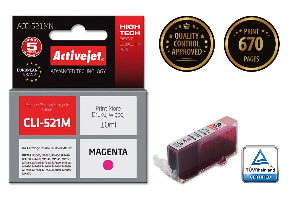 Ngjyrë për printer Activejet ACC-521MN (zëvendësim për Canon CLI-521M), 10 ml, vjollcë - 2