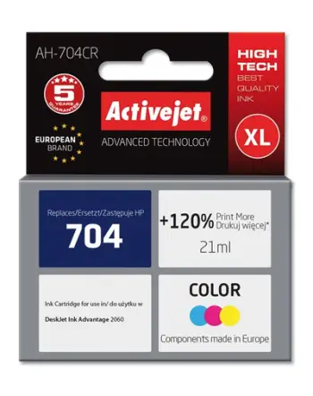 Ngjyrë për printer Activejet AH-704CR (zëvendësim për HP 704 CN693AE), 21 ml, e kaltër / vjollcë / e verdhë
