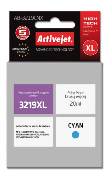 Ngjyrë për printer Activejet AB-3219CNX (zëvendësim për Brother LC3219C), 20 ml, e kaltër