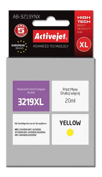 Ngjyrë për printer Activejet AB-3219YNX (zëvendësim për Brother LC3219Y), 20 ml, e verdhë
