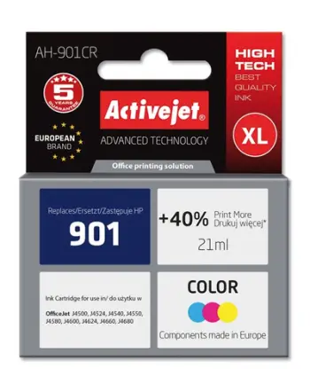 Ngjyrë për printer Activejet AH-901CR (zëvendësim për HP 901 CC656AE), 21 ml, e kaltër / vjollcë / e verdhë
