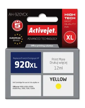 Ngjyrë për printer Activejet AH-920YCX (zëvendësim për HP 920XL CD974AE), 12 ml, e verdhë
