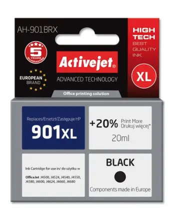 Ngjyrë për printer Activejet AH-901BRX (zëvendësim për HP 901XL CC654AE), 20 ml, e zezë