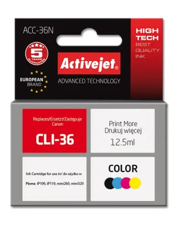 Ngjyrë për printer Activejet ACC-36N (zëvendësim për Canon PGI-36), 12.5 ml, e zezë / e kaltër / vjollcë / e verdhë