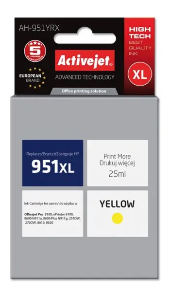 Ngjyrë për printer Activejet AH-951YRX (zëvendësim për HP 951XL CN048AE), 25 ml, e verdhë