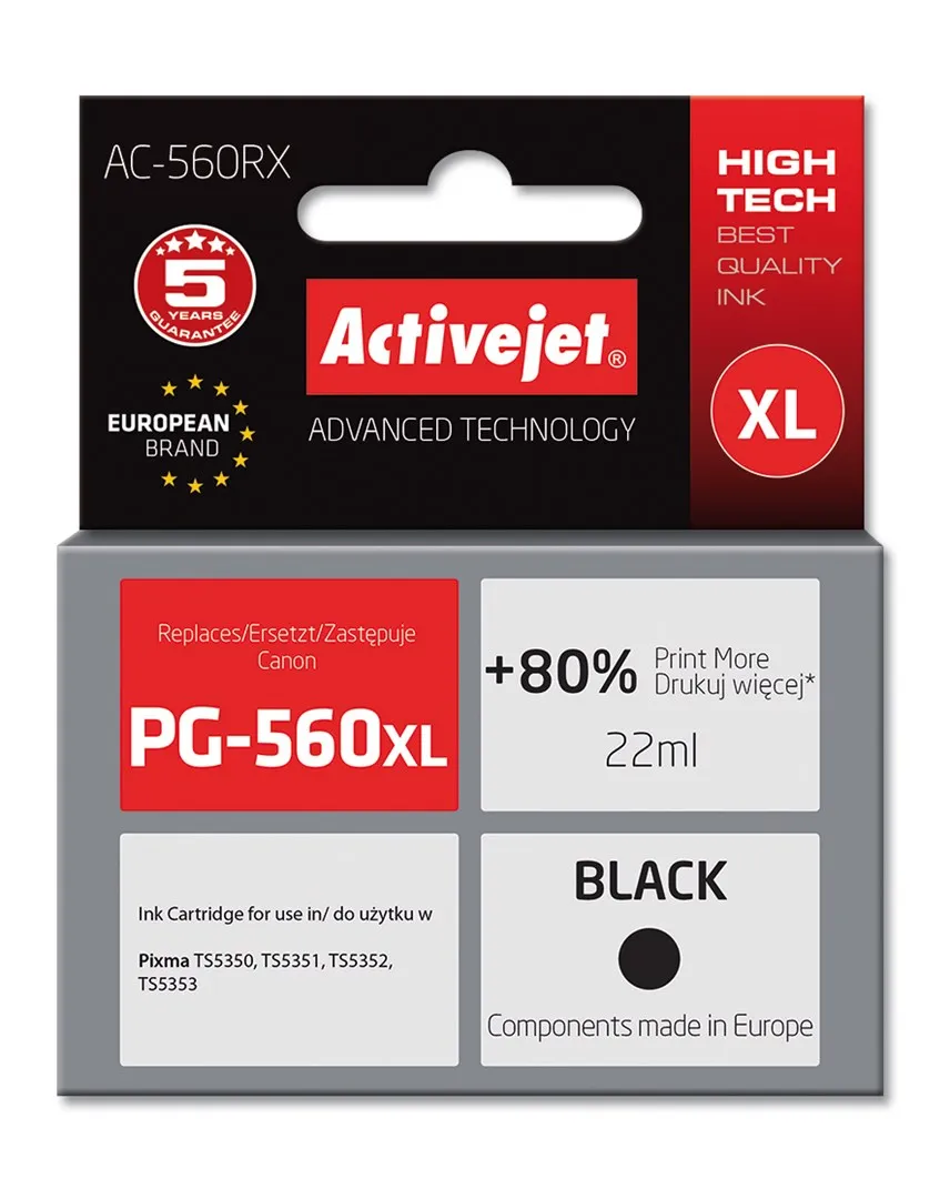 Ngjyrë për printer Activejet AC-560RX (zëvendësim për Canon PG-560XL), 22 ml, e zezë - 2