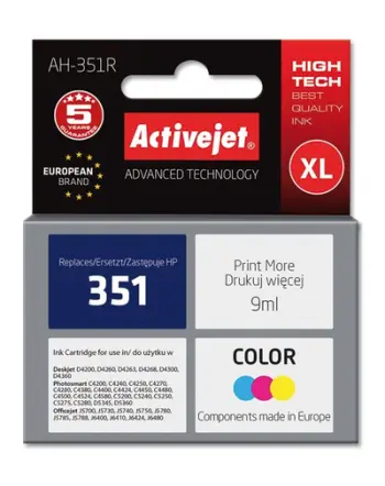 Ngjyrë për printer Activejet AH-351R (zëvendësim për HP 351 CB337EE), 9 ml, e kaltër / vjollcë / e verdhë