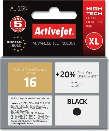 Ngjyrë për printer Activejet AL-16N (zëvendësim për Lexmark 16 10N0016), 15 ml, e zezë