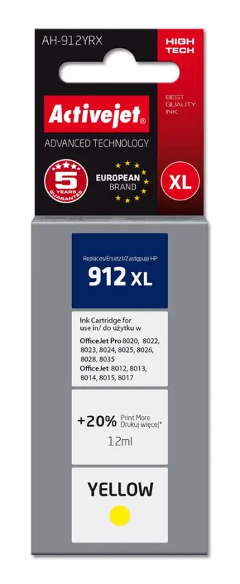Ngjyrë për printer Activejet AH-912YRX (zëvendësim për HP 912XL), 12 ml, e verdhë