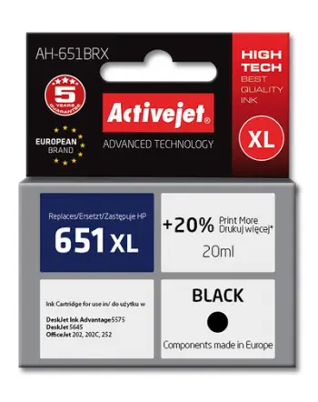 Ngjyrë për printer Activejet AH-651BRX (zëvendësim për HP 651 C2P10AE), 20 ml, e zezë