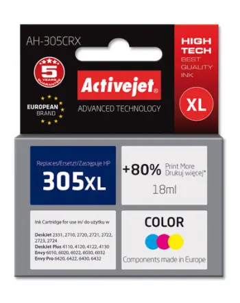 Ngjyrë për printer Activejet AH-305CRX (zëvendësim për HP 305XL 3YM63AE), 18 ml, e kaltër / vjollcë / e verdhë