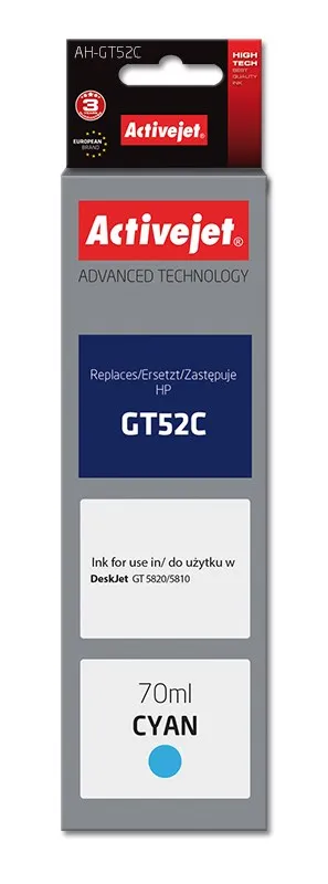 Ngjyrë për printer Activejet AH-GT52C (zëvendësim për HP GT52C M0H54AE), 70 ml, e kaltër - 1