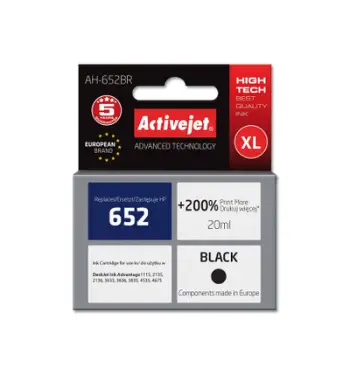 Ngjyrë për printer Activejet AH-652BR (zëvendësim për HP 652 F6V25AE), 20 ml, e zezë