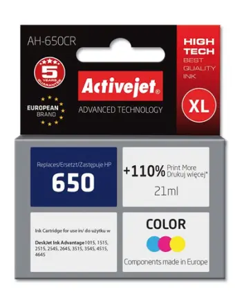 Ngjyrë për printer Activejet AH-650CR (zëvendësim për HP 650 CZ102AE), 21 ml, e kaltër / vjollcë / e verdhë