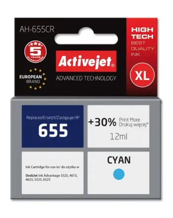 Ngjyrë për printer Activejet AH-655CR (zëvendësim për HP 655 CZ110AE), 12 ml, e kaltër