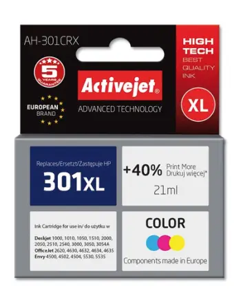 Ngjyrë për printer Activejet AH-301CRX (zëvendësim për HP 301XL CH564EE), 21 ml, e kaltër / vjollcë / e verdhë