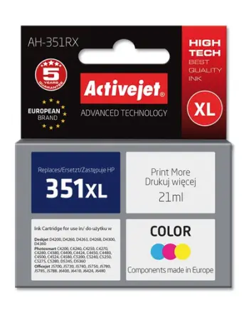 Ngjyrë për printer Activejet AH-351RX (zëvendësim për HP 351XL CB338EE), 21 ml, e kaltër / vjollcë / e verdhë