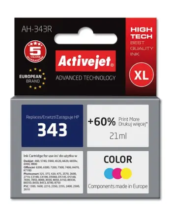 Ngjyrë për printer Activejet AH-343R (zëvendësim për HP 343 C8766EE), 21 ml, e kaltër / vjollcë / e verdhë