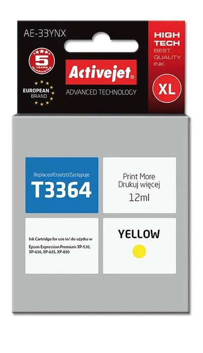 Ngjyrë për printer Activejet AE-33YNX (zëvendësim për Epson 33XL T3364), 12 ml, e verdhë - 1