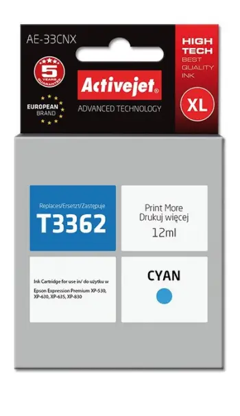 Ngjyrë për printer Activejet AE-33CNX (zëvendësim për Epson 33XL T3362), 12 ml, e kaltër