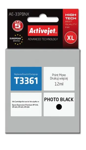Ngjyrë për printer Activejet AE-33PBNX (zëvendësim për Epson 33XL T3361), 12 ml, e zezë
