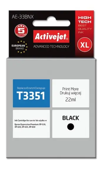 Ngjyrë për printer Activejet AE-33BNX (zëvendësim për Epson 33XL T3351), 22 ml, e zezë