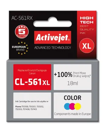 Ngjyrë për printer Activejet AC-561RX (zëvendësim për Canon CL-561XL), 18 ml, e kaltër / vjollcë / e verdhë