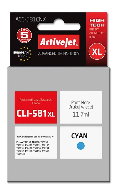 Ngjyrë për printer Activejet ACC-581CNX (zëvendësim për Canon CLI-581C XL), 11.7 ml, e kaltër - 1