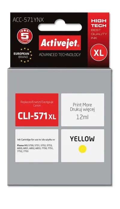 Ngjyrë për printer Activejet ACC-571YNX (zëvendësim për Canon CLI-571Y XL), 12 ml, e verdhë - 1