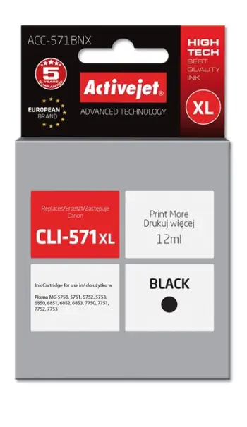 Ngjyrë për printer Activejet ACC-571BNX (zëvendësim për Canon CLI-571Bk XL), 12 ml, e zezë