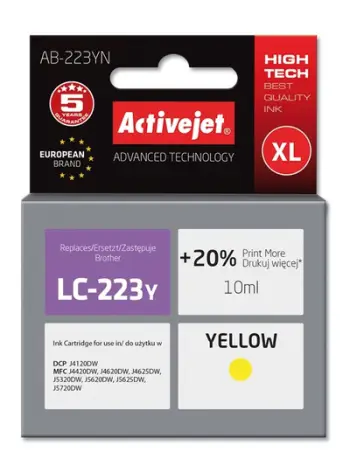Ngjyrë për printer Activejet AB-223YN (zëvendësim për Brother LC223Y), 10 ml, e verdhë