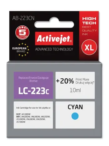 Ngjyrë për printer Activejet AB-223CN (zëvendësim për Brother LC223C), 10 ml, e kaltër