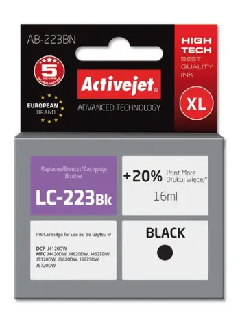 Ngjyrë për printer Activejet AB-223BN (zëvendësim për Brother LC223Bk), 16 ml, e zezë