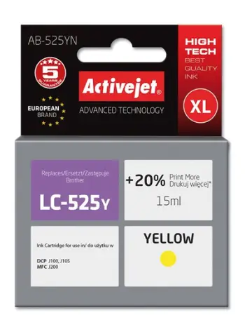 Ngjyrë për printer Activejet AB-525YN (zëvendësim për Brother LC525Y), 15 ml, e verdhë