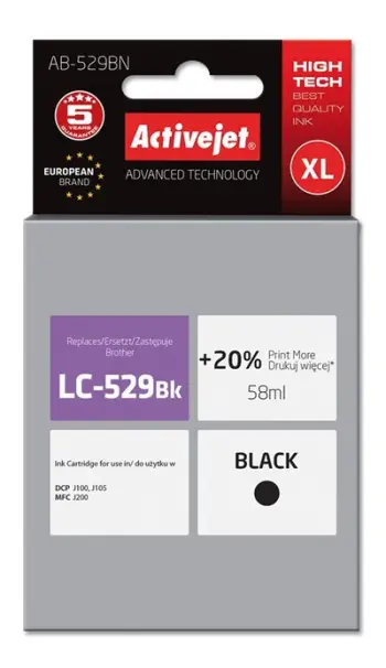 Ngjyrë për printer Activejet AB-529BN (zëvendësim për Brother LC529Bk), 58 ml, e zezë