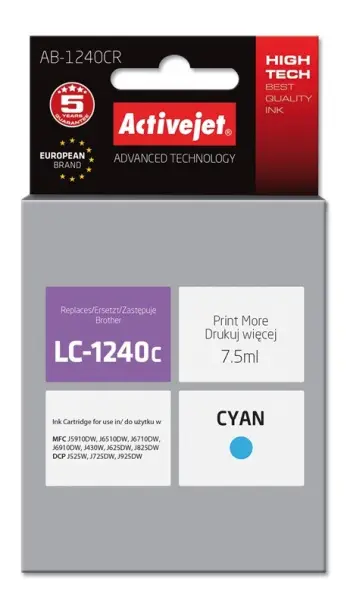 Ngjyrë për printer Activejet AB-1240CR (zëvendësim për Brother LC1220C/LC1240C), 7.5 ml, e kaltër