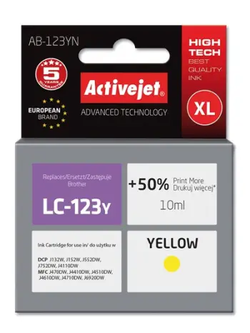 Ngjyrë për printer Activejet AB-123YN (zëvendësim për Brother LC123Y/LC121Y), 10 ml, e verdhë
