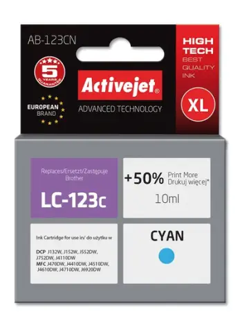 Ngjyrë për printer Activejet AB-123CN (zëvendësim për Brother LC123C/LC121C), 10 ml, e kaltër