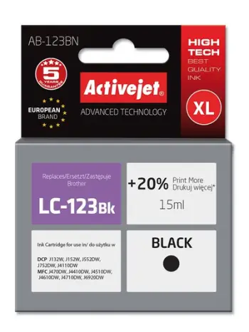 Ngjyrë për printer Activejet AB-123BN (zëvendësim për Brother LC123BK/LC121BK), 15 ml, e zezë
