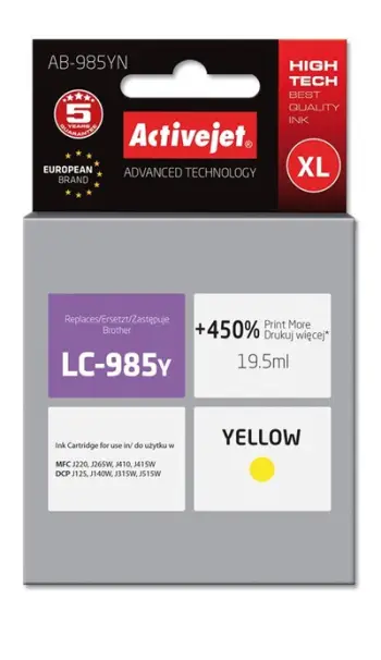 Ngjyrë për printer Activejet AB-985YN (zëvendësim për Brother LC985Y), 19.5 ml, e verdhë
