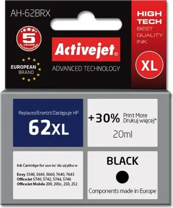 Ngjyrë për printer Activejet AH-62BRX (zëvendësim për HP 62XL C2P05AE), 20 ml, e zezë