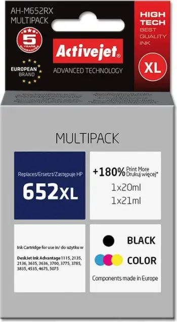Ngjyrë për printer Activejet AH-M652RX (zëvendësim për HP 652 F6V25AE/F6V24AE), 2 copë, e zezë / e kaltër / vjollcë / e verdhë