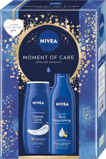 Set për femra Nivea Moment Of Care Creme Care Shower Gel, 250 ml + Rich Nourishing Body Milk, 250 ml