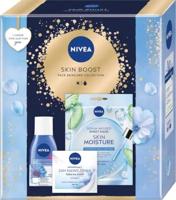 Set për kujdes fytyre për femra Nivea Skin Boost Refreshing Day Cream 50ml + Bi-phase Eye Makeup Remover 125ml + Hydrating Sheet Mask 1 copë, 3 copë